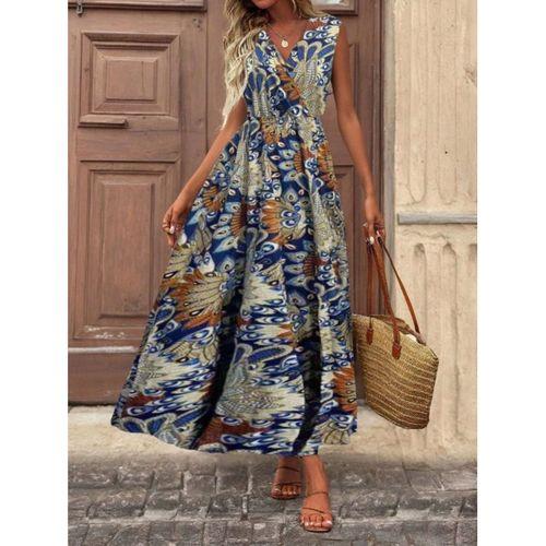 Kadın Askılı Kruvaze Yakalı Uzun Desenli Kemersiz Süprem Elbise