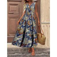 Kadın Askılı Kruvaze Yakalı Uzun Desenli Kemersiz Süprem Elbise