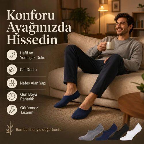 Erkek Bambu 8’li Babet Çorap Görünmez No Show Dikişsiz Silikon Topuklu