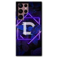 MRCİLETİSİM Samsung Galaxy S22 Ultra Kılıf HD Desen Baskılı Arka Kapak + Temperli Cam - Dark Neon Yaprak D Harfi