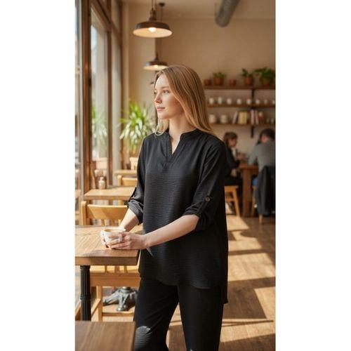 Kadın Kolu Katlanır Düğme Detay Hakim Yaka Bluzve Pantolon Sofia Keten Kumaş Ikili Takim