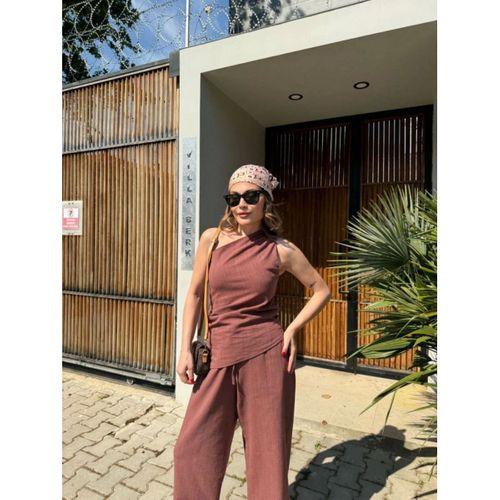 Keten Asimetrik Tek Omuzlu Bluz Pantalon Takım- Bordo