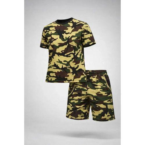 Erkek Kamuflaj Desenli Tişört Şort Takım – Regular Fit Günlük Spor 2’li Yazlık Kombin - Kamuflaj