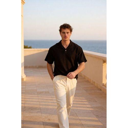 Aretus Şönil Kumaş Regular Fit Tek Düğmeli Polo Yaka Erkek T-Shirt - Siyah