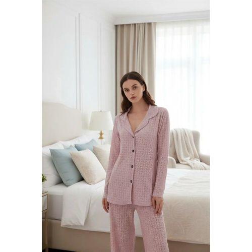 Kadın Pembe Önden Düğmeli Rahat Kesim Pijama Takımı – Günlük Ev Giyim Seti