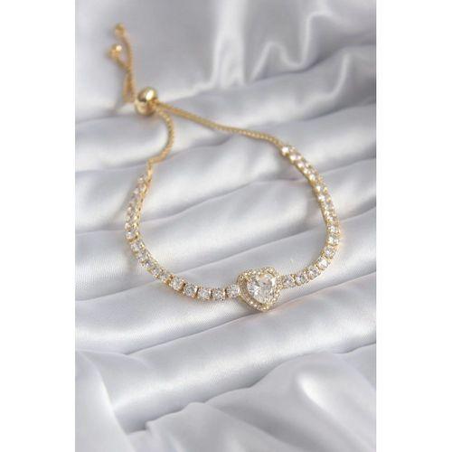 Pirinç Gold Renk Zirkon Taşlı Kalp Asansör Charm Model VIP Seri Kadın Bileklik