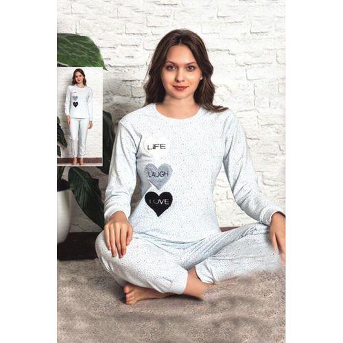 Fawn Kadın Puantiyeli Kalp Baskı İnterlok Uzun Kol Manşetli Pijama Takımı (8240)