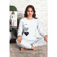 Fawn Kadın Puantiyeli Kalp Baskı İnterlok Uzun Kol Manşetli Pijama Takımı (8240)