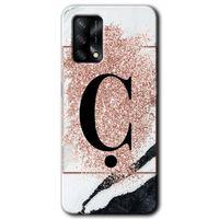 Oppo A74 Kılıf Baskılı Kapak - Pembe Mermer Desenli Ç Harfi + 5D Tam Kaplayan Cam