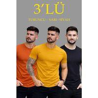 Erkek 3lü Bisiklet Yaka Tişört – Kısa Kollu Yazlık Slim Fit Body - Siyah, Turuncu, Sarı