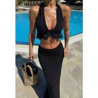 Kadın Mayo Kumaş Bağlamalı Crop Ve Maxi Boy Etek Ikili Takım