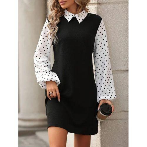 Kadın Uzun Kollu Yakalı Kol Ve Yaka Puantiye Detaylı Ithal Krep Elbise