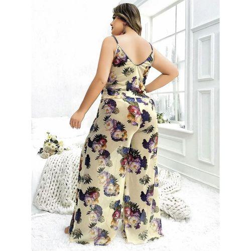 Özel Tasarım Büyük Beden Çiçek Desenli İnce Askılı 2'li Pijama Takımı