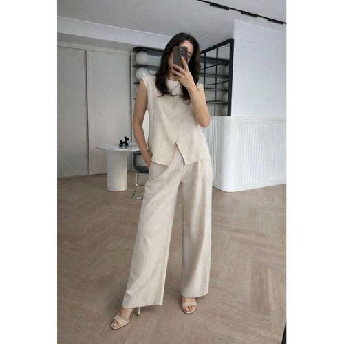 Kadın Keten Kumaş Asimetrik Kesim Bluz Ve Salaş Pantolon Ikili Takım