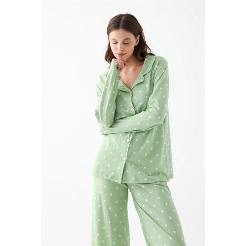 Kadın Yeşil Kalp Desenli Düğmeli Pamuklu Pijama Takımı