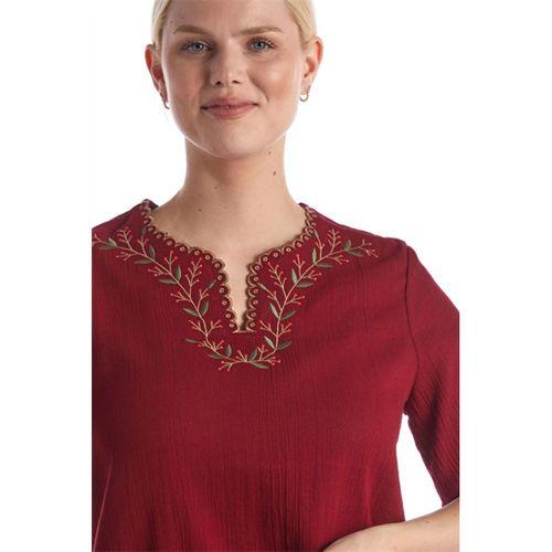 Şile Bezi Kısa Kol Bordo Nakışlı V Yaka Yazlık Otantik Bluz