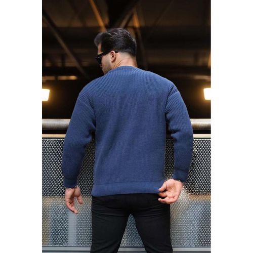 Oversize Selanik Örgülü Bisiklet Yaka Erkek Kazak - İndigo