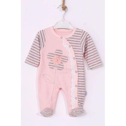 Çiçek Nakışlı % 100 Pamuk Ayaklı Kız Bebek Tulumu