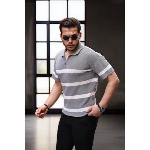 Yarım Fermuar Çizgili Oversize Triko T-Shirt - Gri