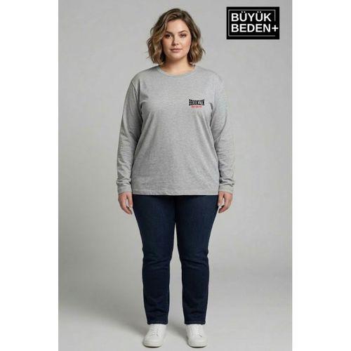 Kadın Büyük Beden Orta Brooklyn Baskılı 2 İplik Bisiklet Yaka Tişört SPR26BEAK942-3