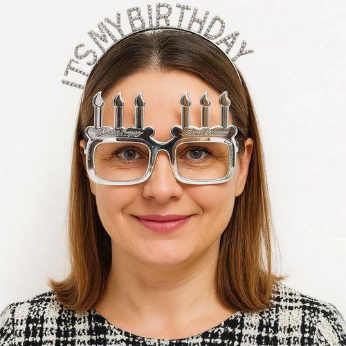 Çocuk İt&amp;#39;sMyBirthdayYazılıTaçveMumŞekilliGözlükSetiGümüşRenk