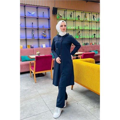 Kapşonlu Düğmeli Sade Basic Uzun Tunik ve Pantolon İkili Spor Takım - 03072.015 - Lacivert
