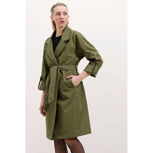 9104 Kruvaze Yaka Astarlı Trençkot - Haki