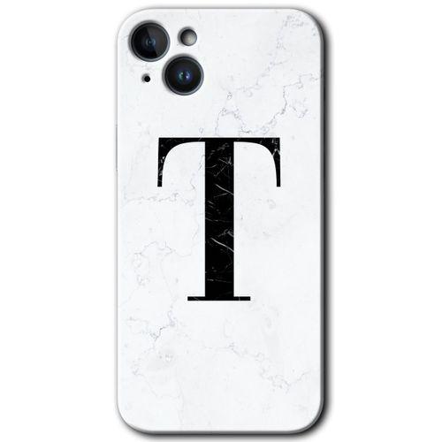 iPhone 14 Plus HD Baskılı Kılıf + 9D Tam Ekran Koruyucu - Beyaz Mermer Desenli T Harfi