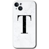 iPhone 14 Plus HD Baskılı Kılıf + 9D Tam Ekran Koruyucu - Beyaz Mermer Desenli T Harfi