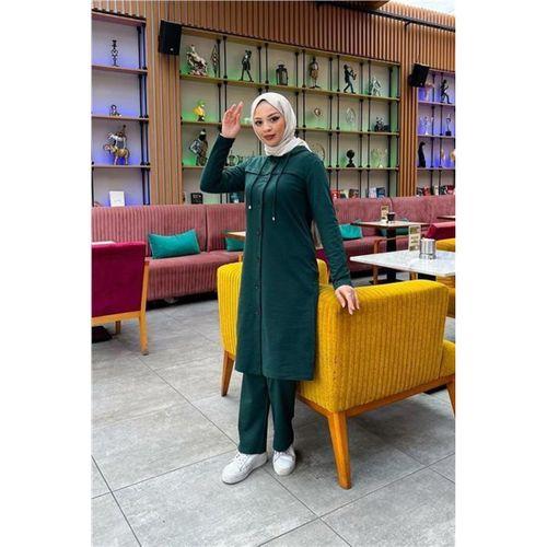 Kapşonlu Düğmeli Sade Basic Uzun Tunik ve Pantolon İkili Spor Takım - 03072.021 - Nefti