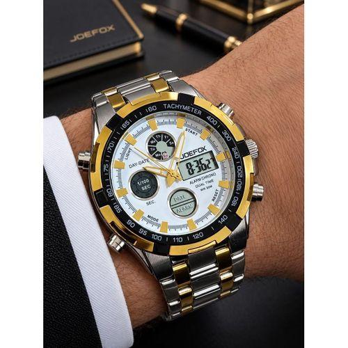 Joefox Digital Ve Analog Çelik Kordon Kronmetre+Takvim+Alarm+Aydınlatma Erkek Kol Saati JOE.X3