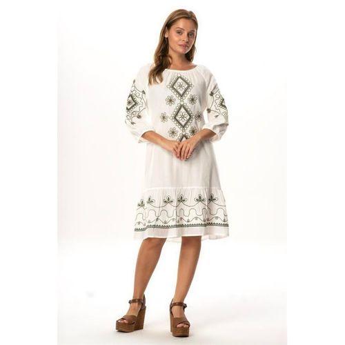 Yarım Kol Vual Yeşim Kemer Detaylı Nakışlı Kısa Yazlık Elbise Beyaz Byz