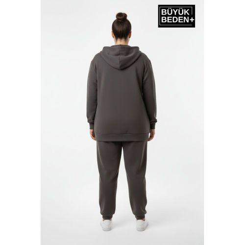 Kadın Büyük Beden Kapüşonlu Fermuarlı N Baskılı Sweatshirt Hırka SPR26BHRK922