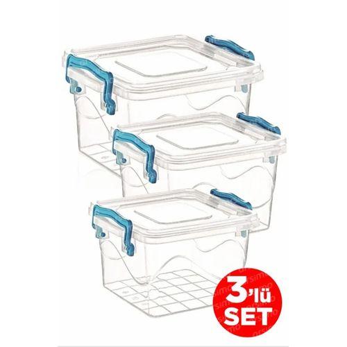 3'lü Kare Kelepçeli Şeffaf Saklama Kabı Seti | Kapaklı Saklama Kabı Set 2.4 Lt - 1.2 Lt - 550 Ml Royaleks-82111