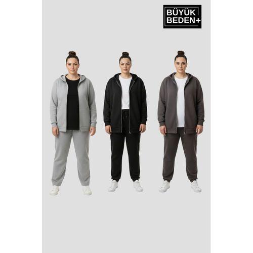 Erkek Büyük Beden Fermuarlı Kapüşonlu 3  lü Set ince Sweatshirt Hırka - Rahat Kalıp SPR26BHRK960+3