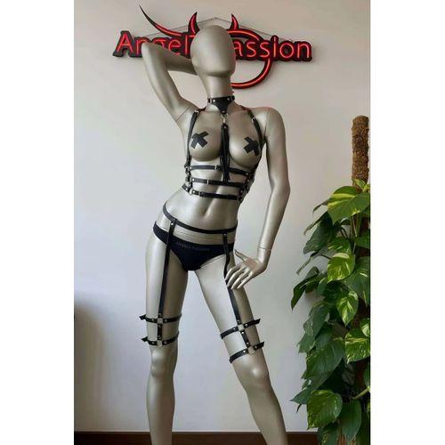 Püskül Choker Detaylı Siyah Deri Jartiyer Harness Takım - Brf302