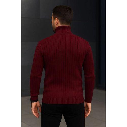 Erkek Balıkcı Yaka Bağazlı Triko Kazak Pamuklu Kalın Fitilli Dokuma, Regular Fit Uzun Kollu Kışlık Model - Bordo
