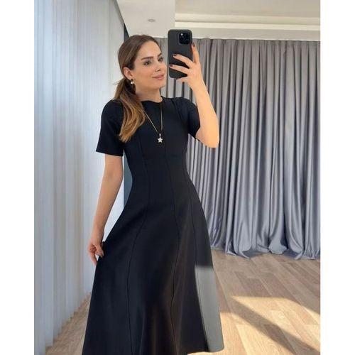 Kadın Kısa Kollu Bisiklet Yaka Maksi Boy Ithal Krep Elbise