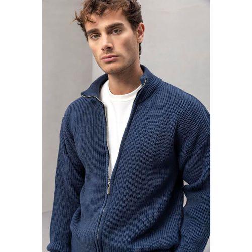 Woody Oversize Selanik Örme Fermuarlı Erkek Hırka- İndigo