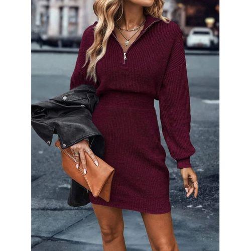 Kadın Uzun Kollu Yakası Fermuarlı Mini Triko Elbise