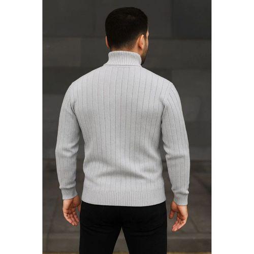 Erkek Balıkcı Yaka Bağazlı Triko Kazak Pamuklu Kalın Fitilli Dokuma, Regular Fit Uzun Kollu Kışlık Model - Gri