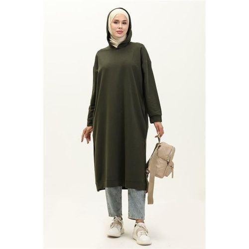 Atlas Kapşonlu Uzun Sade Basic Sweatshirt - 03007.005 - Haki