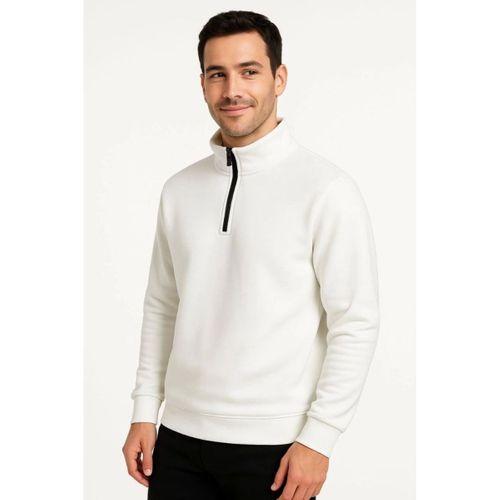 Erkek Dik Yaka Sweatshirt Dik Yaka Yarım Fermuarlı 3 İplik Şardonlu Pamuk Kumaş - Beyaz