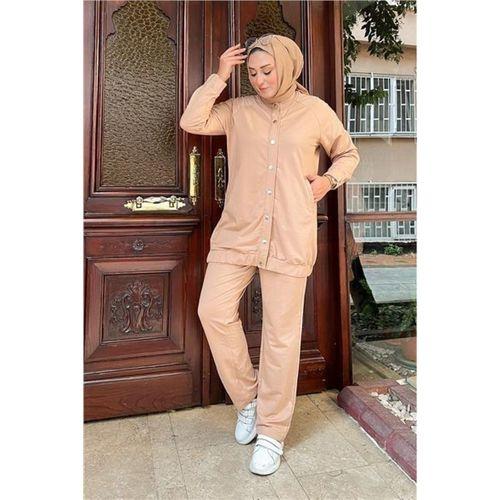 Çıtçıtlı Yandan Cepli İkili Sade Basic Eşofman Spor Takımı - 12009.026 - Bej