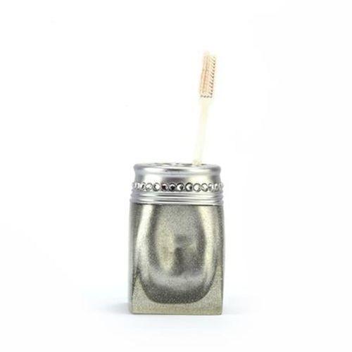 2 Adet Diş Fırçalık Kristal Taşlı Gümüş Poliresin 7X7X10Cm Banyo Seti