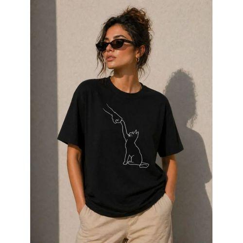 Minimal Kedi Çizim Baskılı Tişört Kısa Kol Yazlık T-Shirt - Siyah