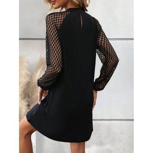 Kadın Uzun Kollu Yarı Balıkçı Yaka Pulpayetli Kolları Dantel Detaylı Mini Ithal Krep Elbise
