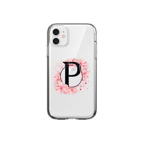 iPhone 11 Pembe Çiçek Desen P Harfli Şeffaf Kılıf