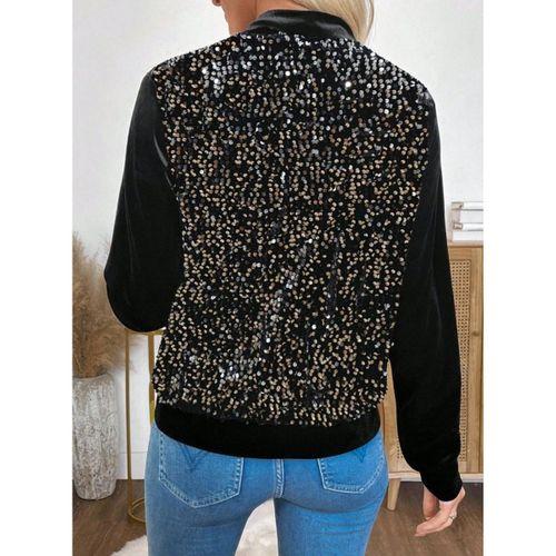 Kadın Uzun Kollu önü Açık Fermuarlı Pulpayetli Kadife Ceket