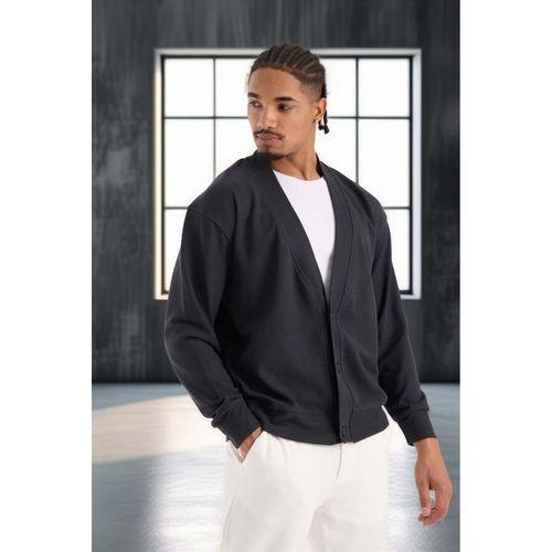 Potter Dokulu Selanik Kumaş Oversize Basic 3 Düğmeli Erkek Hırka - Füme